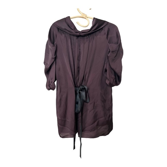 BCBGMAXAZRIA Purple Eggplant Silky Puff Sleeve Bow Tie Back Drapey‎ Collar S - Picture 2 of 16